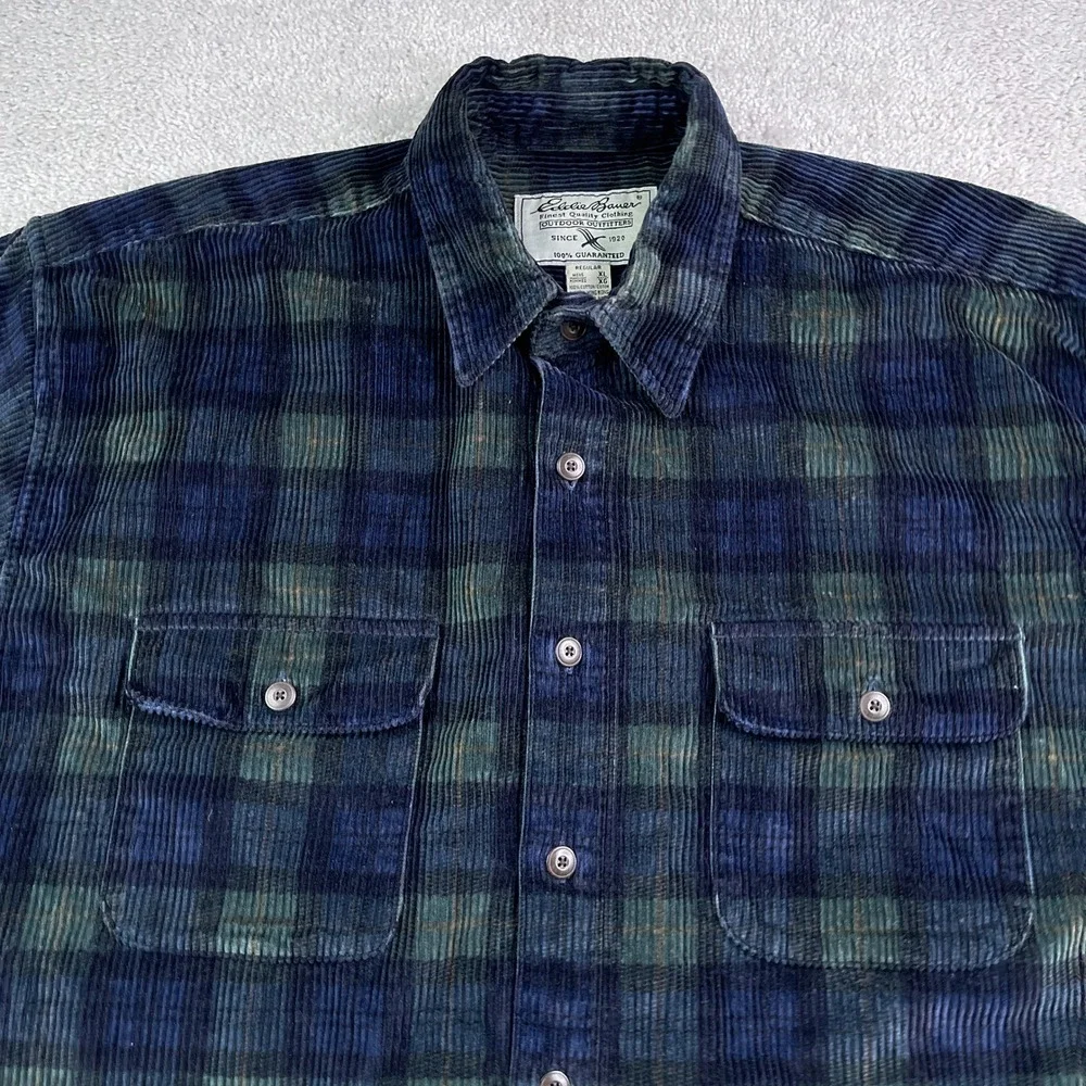 Vintage Eddie Bauer Shirt Mens XL Blue Green Plaid Wide Wale Corduroy Button Up